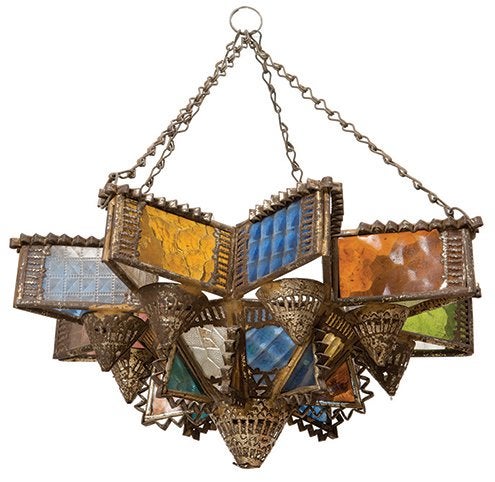 Early 20th Century Moroccan Tin and Glass Synagogue Hanging Lamp - Menorah Galleries