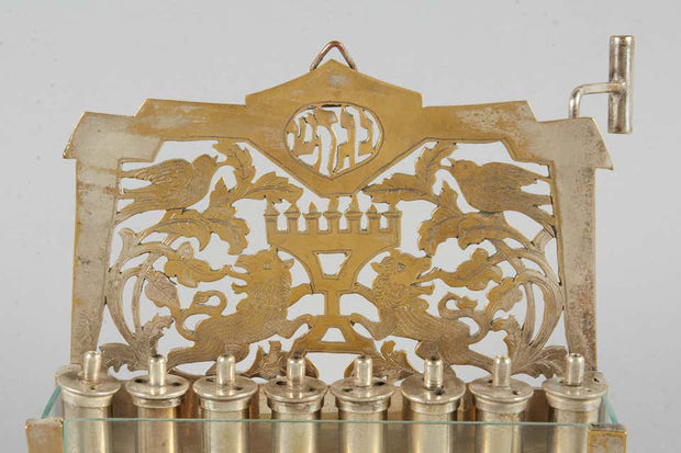 Early 20th Century German Brass and Glass Hanukkah Lamp Menorah - Menorah Galleries