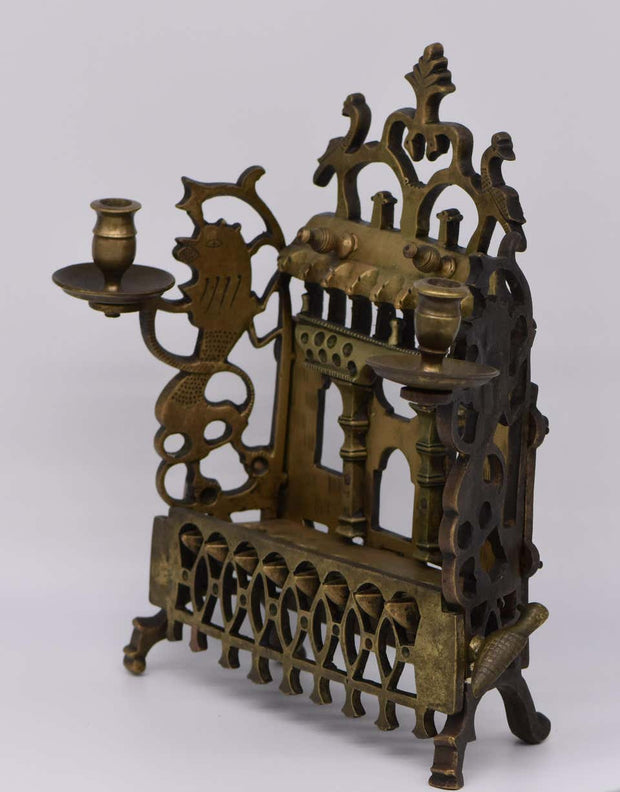 18th Century Polish Brass Hanukkah Lamp Modeled after Synagogue Facade